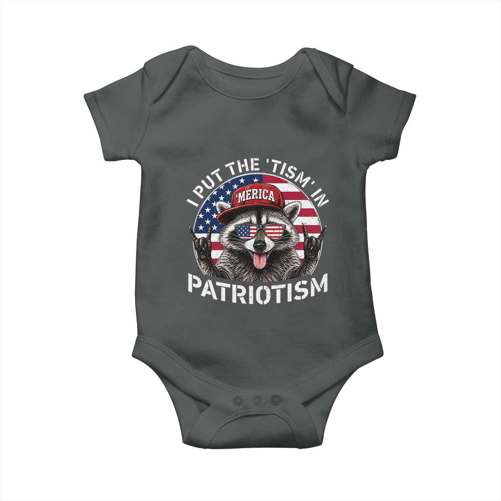 I Put The Tism In Patriotism Baby Onesie Patriotic Raccoon 4th of July