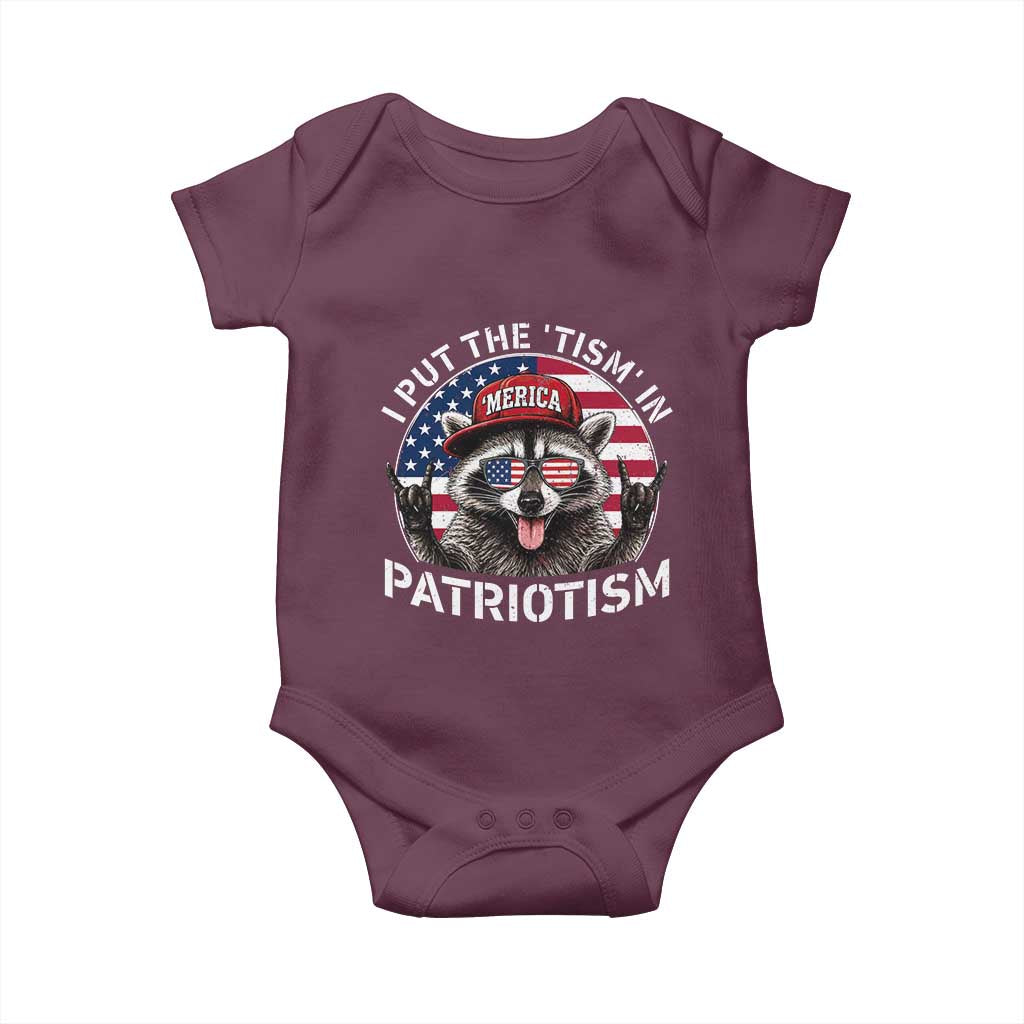 I Put The Tism In Patriotism Baby Onesie Patriotic Raccoon 4th of July