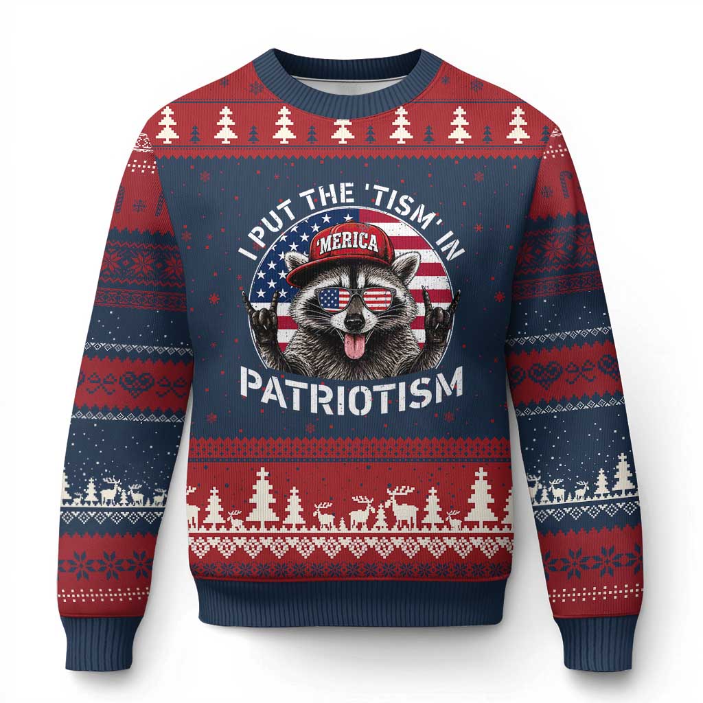 I Put The Tism In Patriotism Ugly Christmas Sweater Patriotic Raccoon 4th of July TS11 Navy Red Print Your Wear