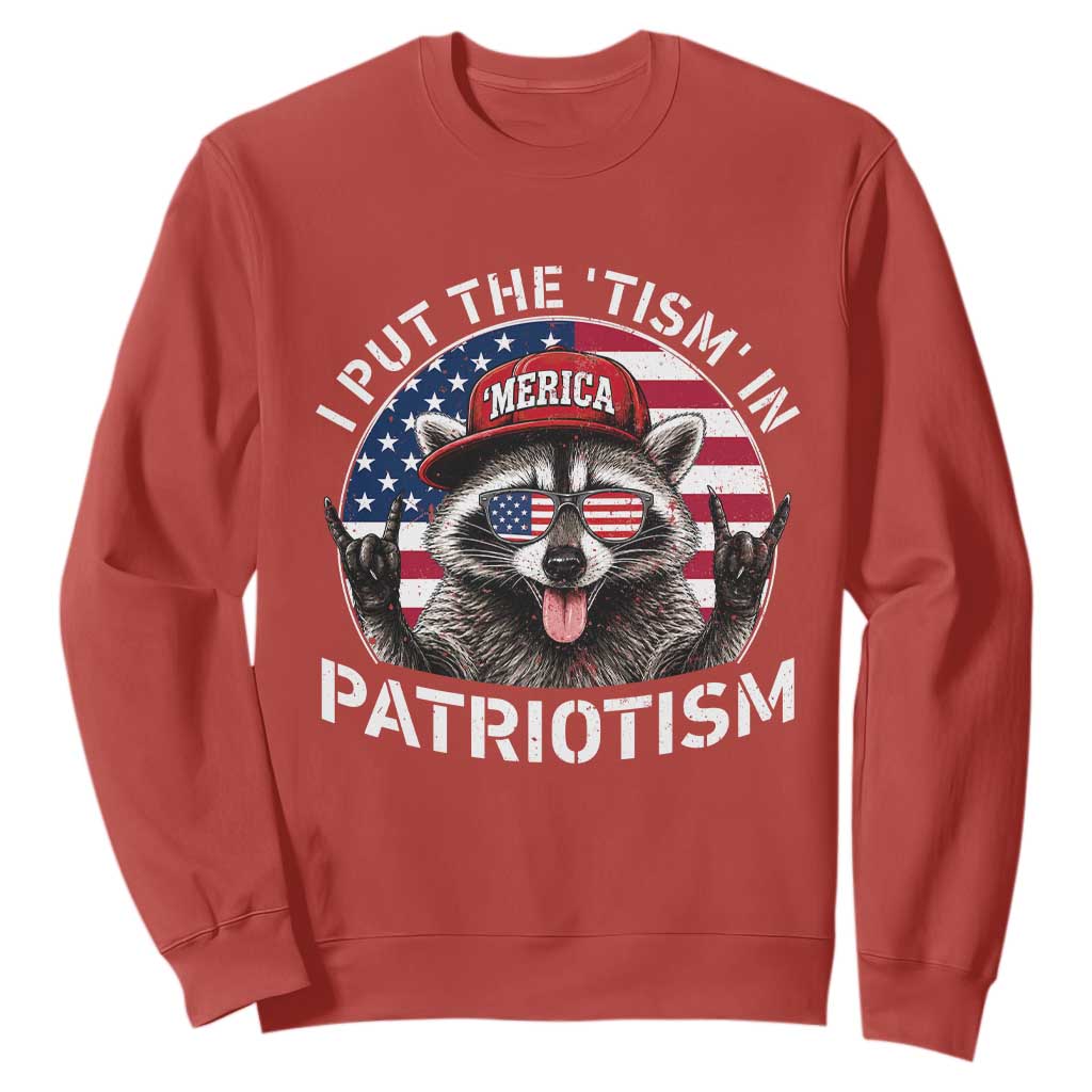 I Put The Tism In Patriotism Sweatshirt Patriotic Raccoon 4th of July