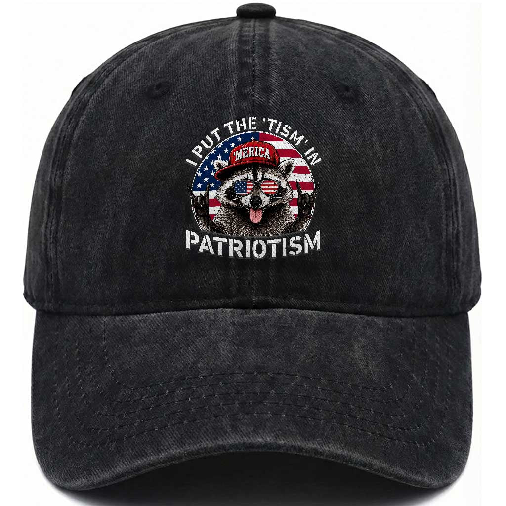 I Put The Tism In Patriotism Washed Cotton Baseball Cap Patriotic Raccoon 4th of July TS11 Print Your Wear