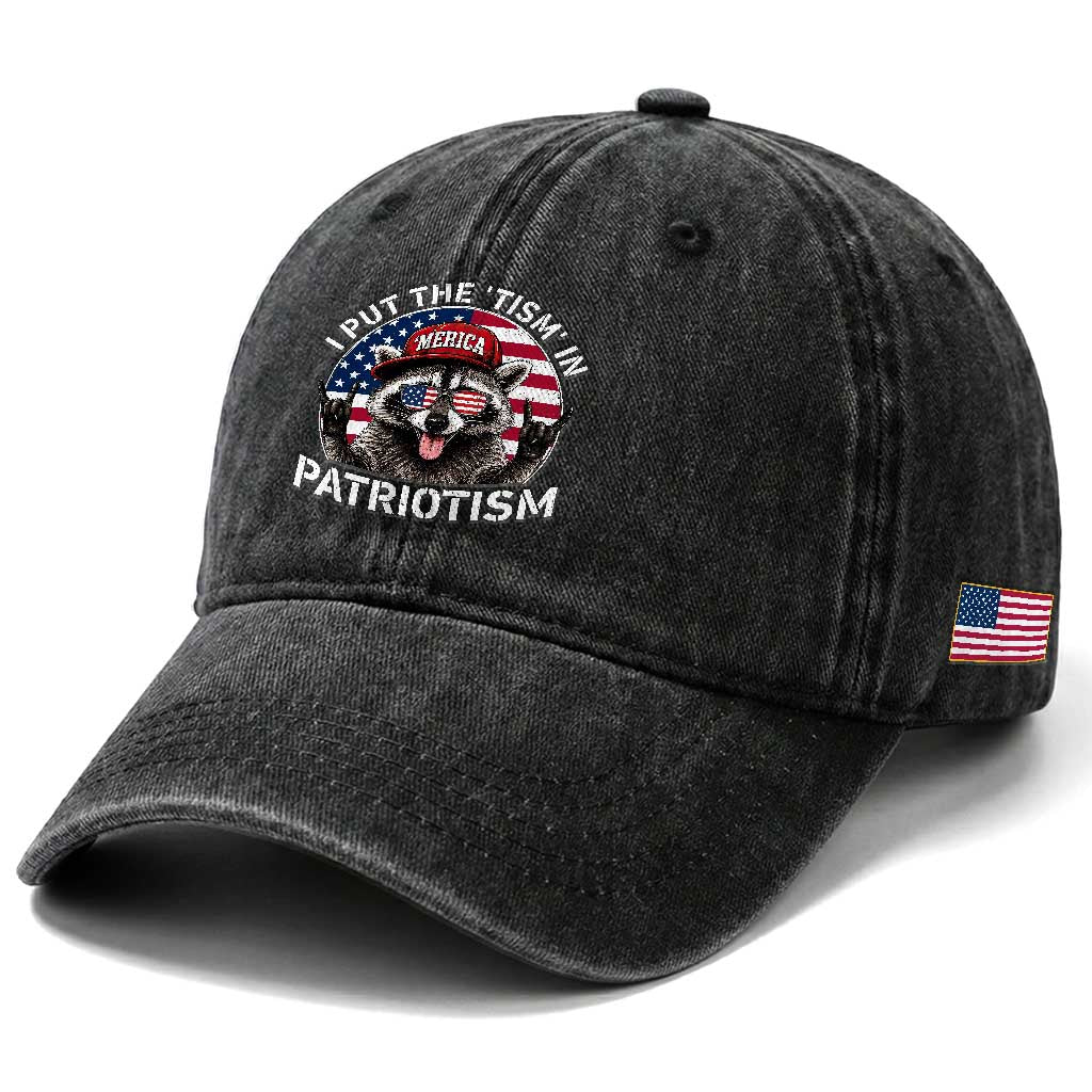 I Put The Tism In Patriotism Washed Cotton Baseball Cap Patriotic Raccoon 4th of July