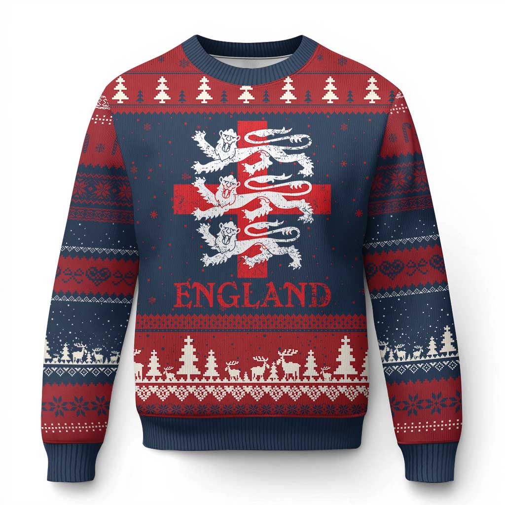 England Three Lions Symbol English Pride Souvenir Ugly Christmas Sweater TS11 Navy Red Print Your Wear