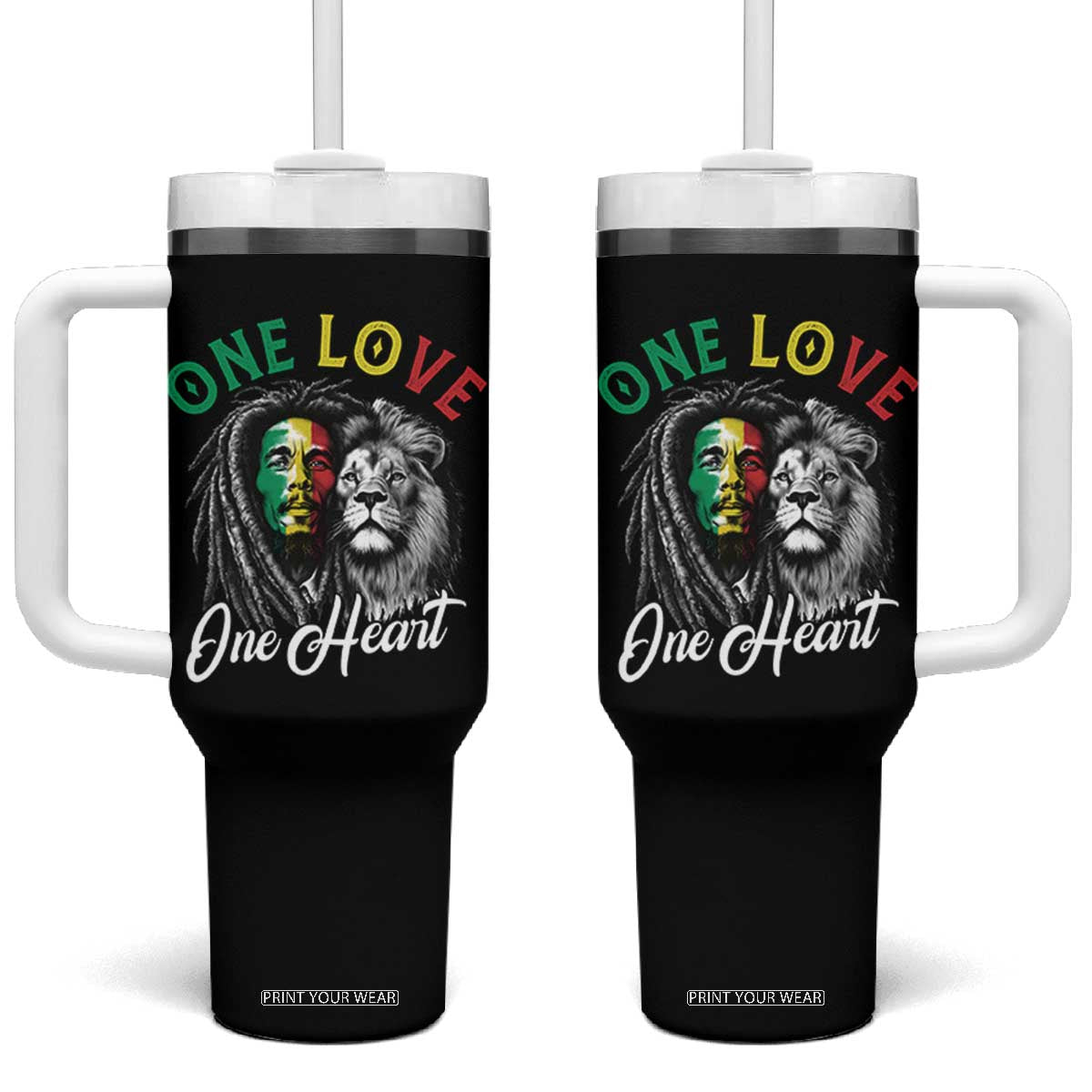 Reggae Legend Tumbler With Handle One Love One Heart Rastafarian Reggae Music Lion TS11 One Size: 40 oz Black Print Your Wear