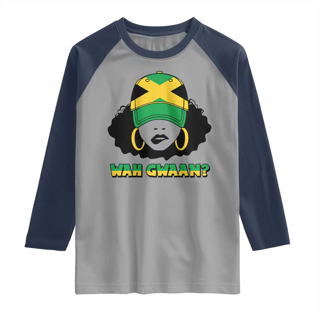 Jamaican Girl Raglan Shirt Wah Gwaan Jamaica Flag TS11 Sport Gray Navy Print Your Wear