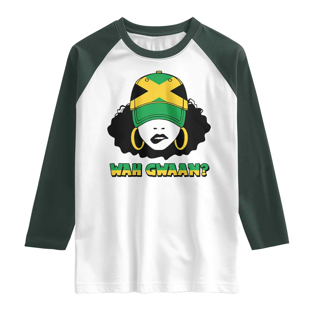 Jamaican Girl Raglan Shirt Wah Gwaan Jamaica Flag TS11 White Dark Forest Green Print Your Wear