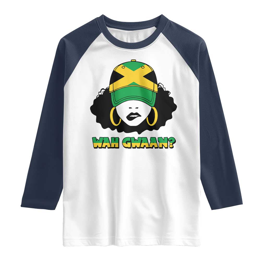 Jamaican Girl Raglan Shirt Wah Gwaan Jamaica Flag TS11 White Navy Print Your Wear