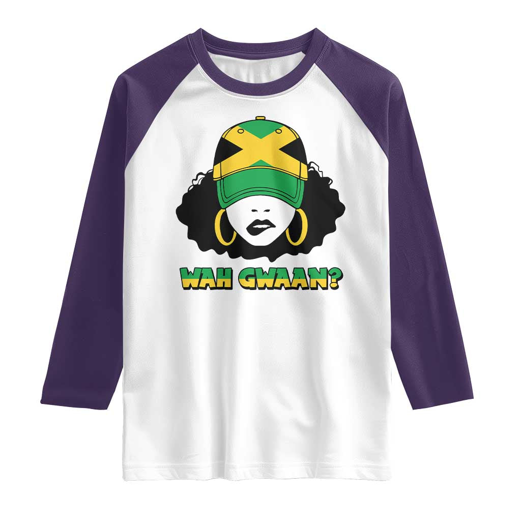 Jamaican Girl Raglan Shirt Wah Gwaan Jamaica Flag TS11 White Purple Print Your Wear