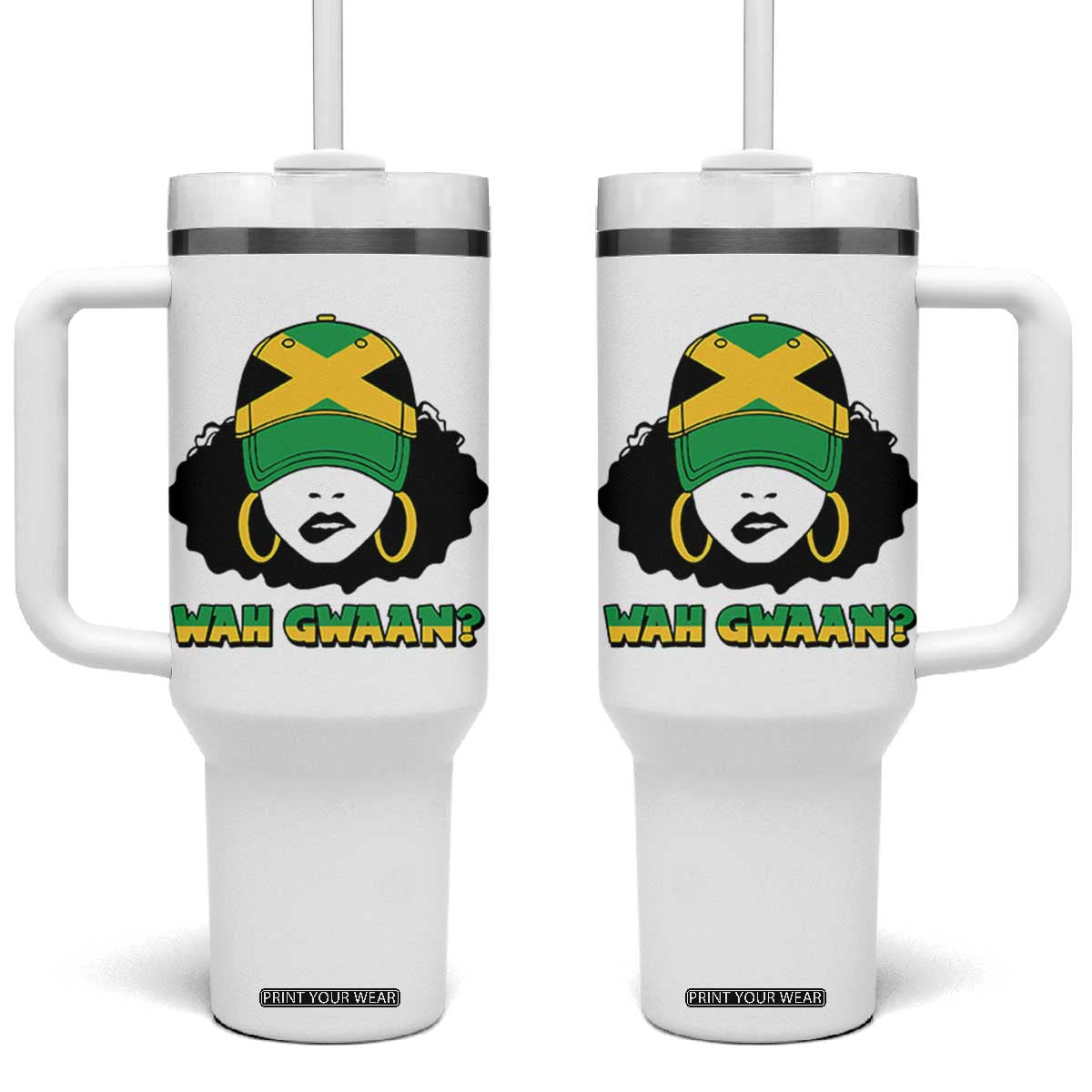 Jamaican Girl Tumbler With Handle Wah Gwaan Jamaica Flag TS11 One Size: 40 oz White Print Your Wear