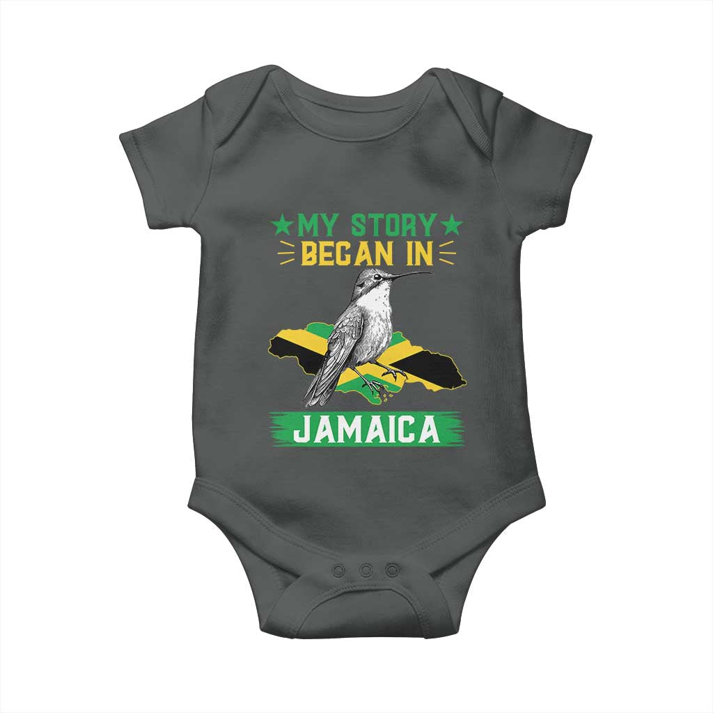 My Story Began In Jamaica Baby Onesie Hummingbird Jamaican Flag TS11 Dark Heather Print Your Wear