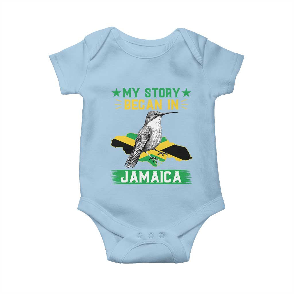 My Story Began In Jamaica Baby Onesie Hummingbird Jamaican Flag TS11 Light Blue Print Your Wear