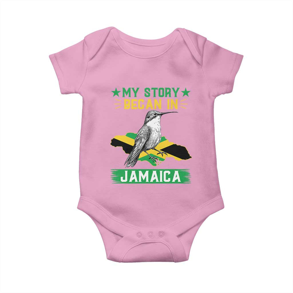 My Story Began In Jamaica Baby Onesie Hummingbird Jamaican Flag TS11 Light Pink Print Your Wear