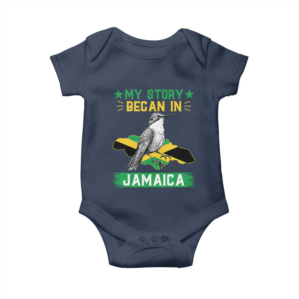 My Story Began In Jamaica Baby Onesie Hummingbird Jamaican Flag TS11 Navy Print Your Wear