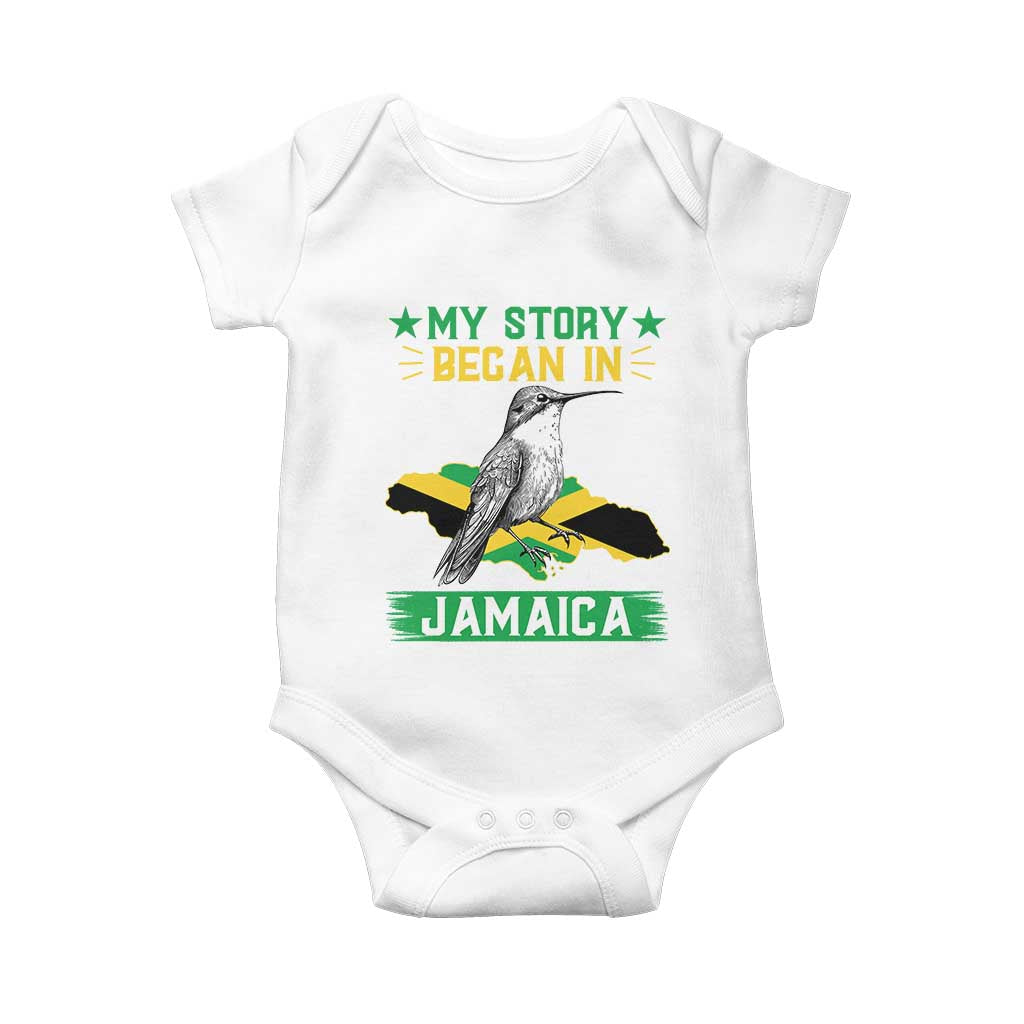 My Story Began In Jamaica Baby Onesie Hummingbird Jamaican Flag TS11 White Print Your Wear