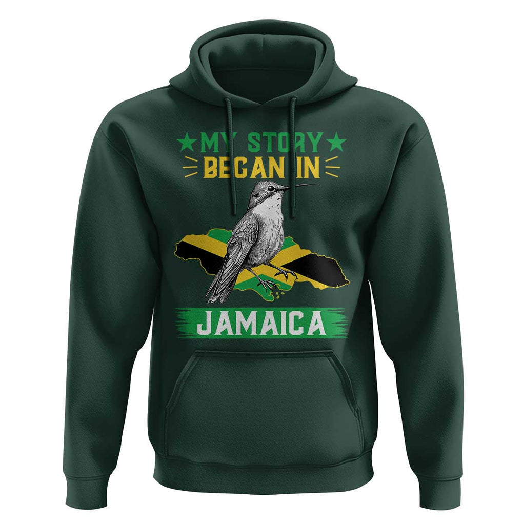 My Story Began In Jamaica Hoodie Hummingbird Jamaican Flag TS11 Dark Forest Green Print Your Wear