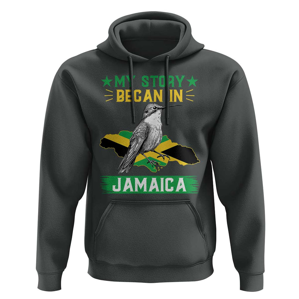 My Story Began In Jamaica Hoodie Hummingbird Jamaican Flag TS11 Dark Heather Print Your Wear