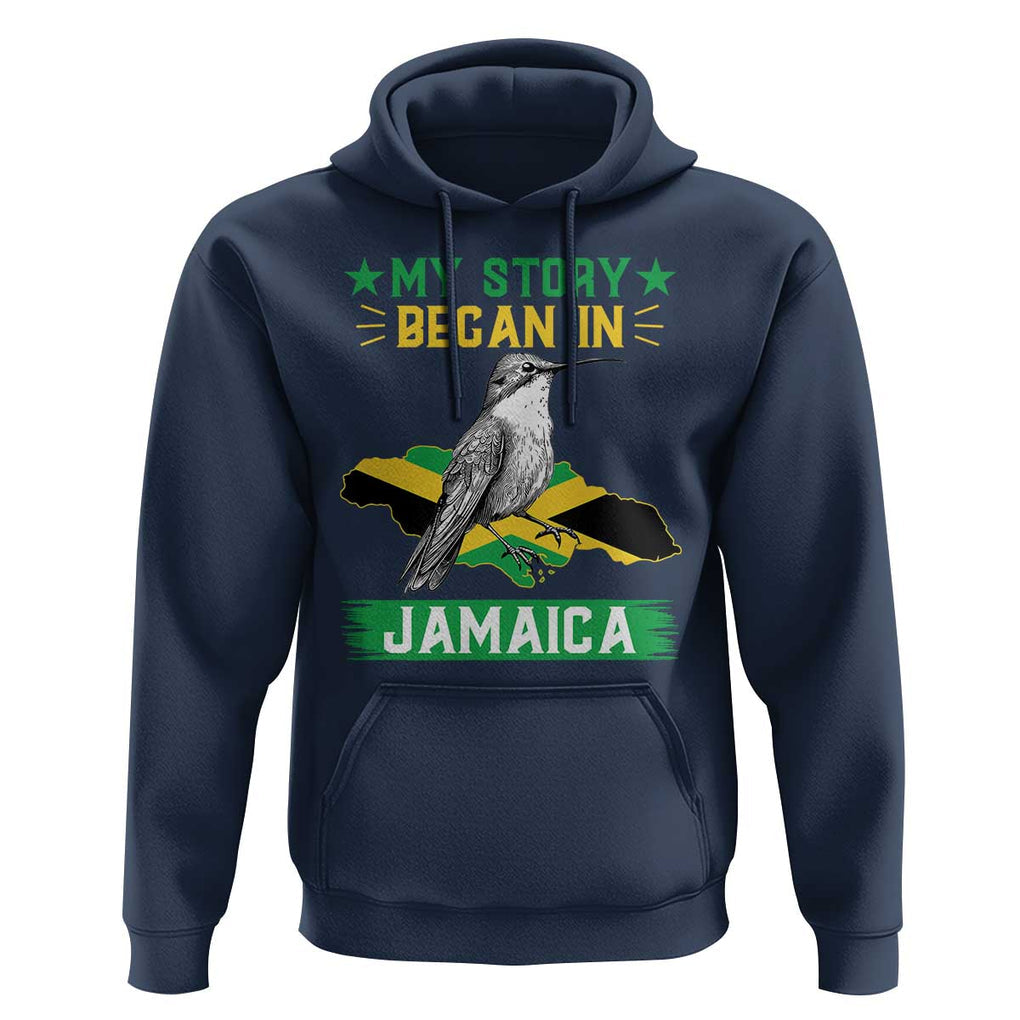 My Story Began In Jamaica Hoodie Hummingbird Jamaican Flag TS11 Navy Print Your Wear