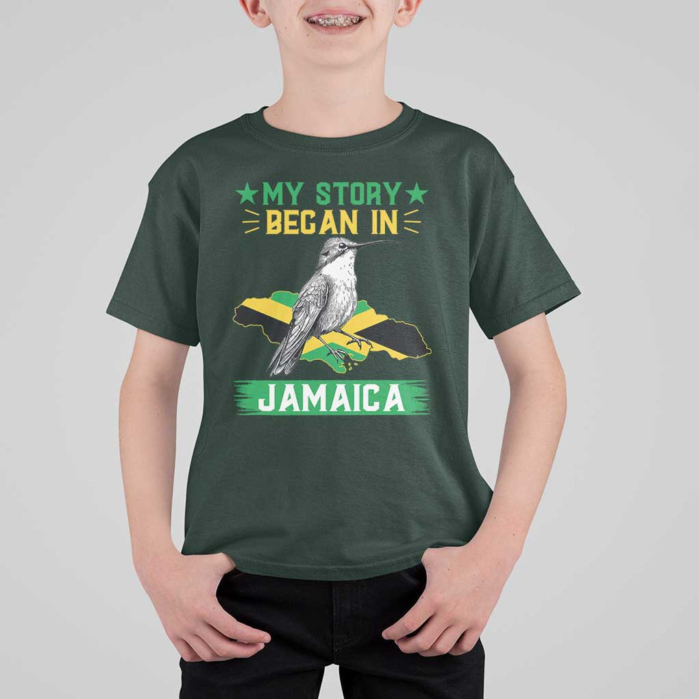 My Story Began In Jamaica T Shirt For Kid Hummingbird Jamaican Flag TS11 Dark Forest Green Print Your Wear