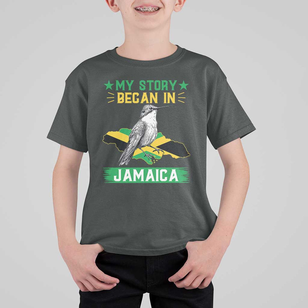 My Story Began In Jamaica T Shirt For Kid Hummingbird Jamaican Flag TS11 Dark Heather Print Your Wear