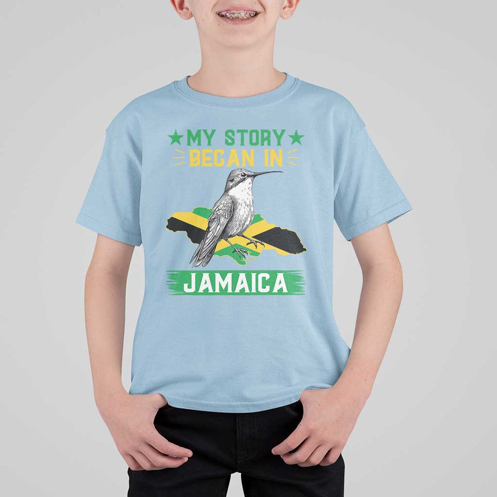 My Story Began In Jamaica T Shirt For Kid Hummingbird Jamaican Flag TS11 Light Blue Print Your Wear
