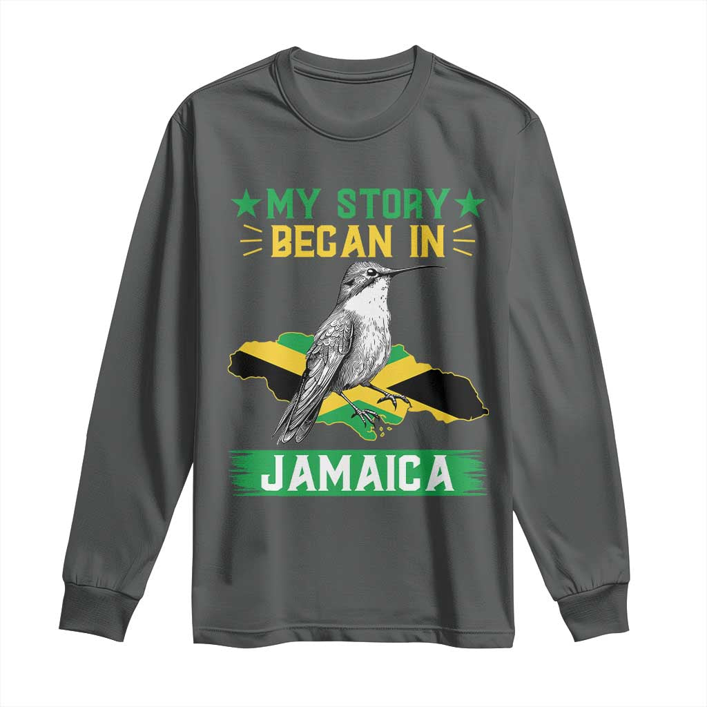 My Story Began In Jamaica Long Sleeve Shirt Hummingbird Jamaican Flag TS11 Dark Heather Print Your Wear