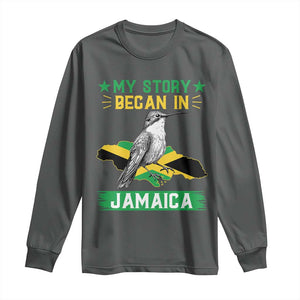 My Story Began In Jamaica Long Sleeve Shirt Hummingbird Jamaican Flag TS11 Dark Heather Print Your Wear