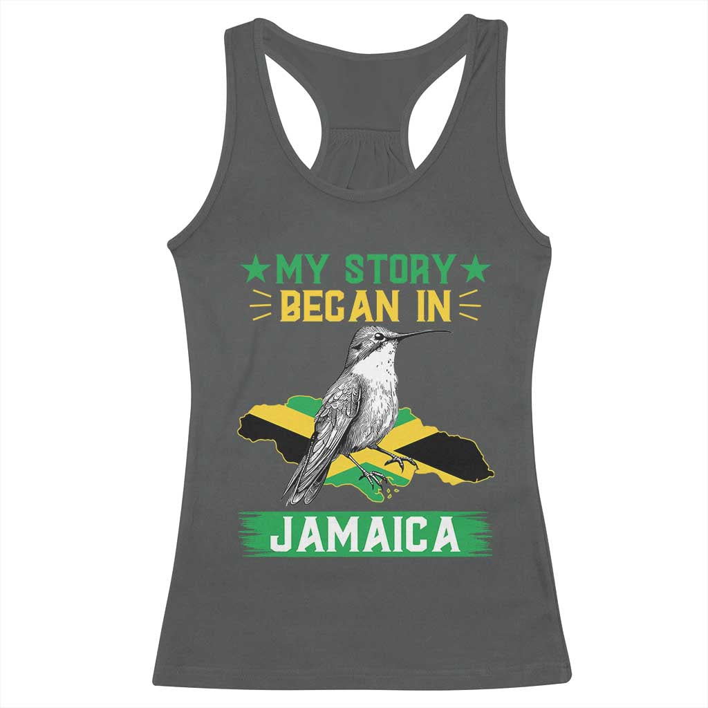 My Story Began In Jamaica Racerback Tank Top Hummingbird Jamaican Flag TS11 Dark Heather Print Your Wear