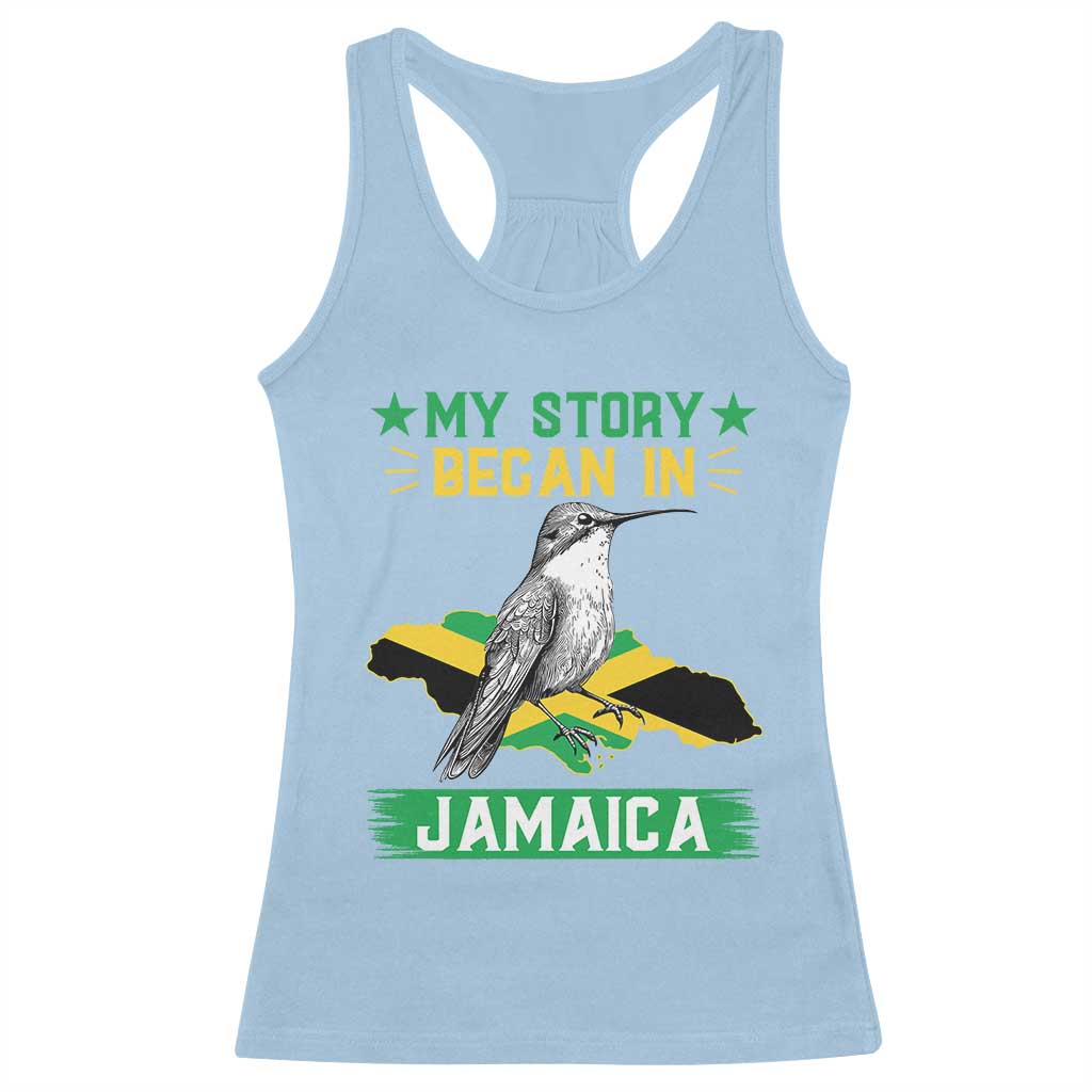 My Story Began In Jamaica Racerback Tank Top Hummingbird Jamaican Flag TS11 Light Blue Print Your Wear