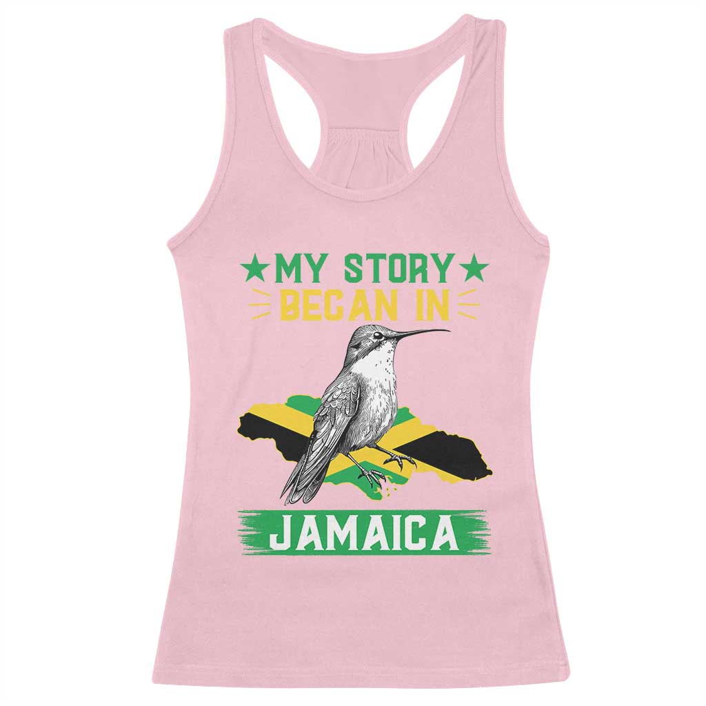 My Story Began In Jamaica Racerback Tank Top Hummingbird Jamaican Flag TS11 Light Pink Print Your Wear