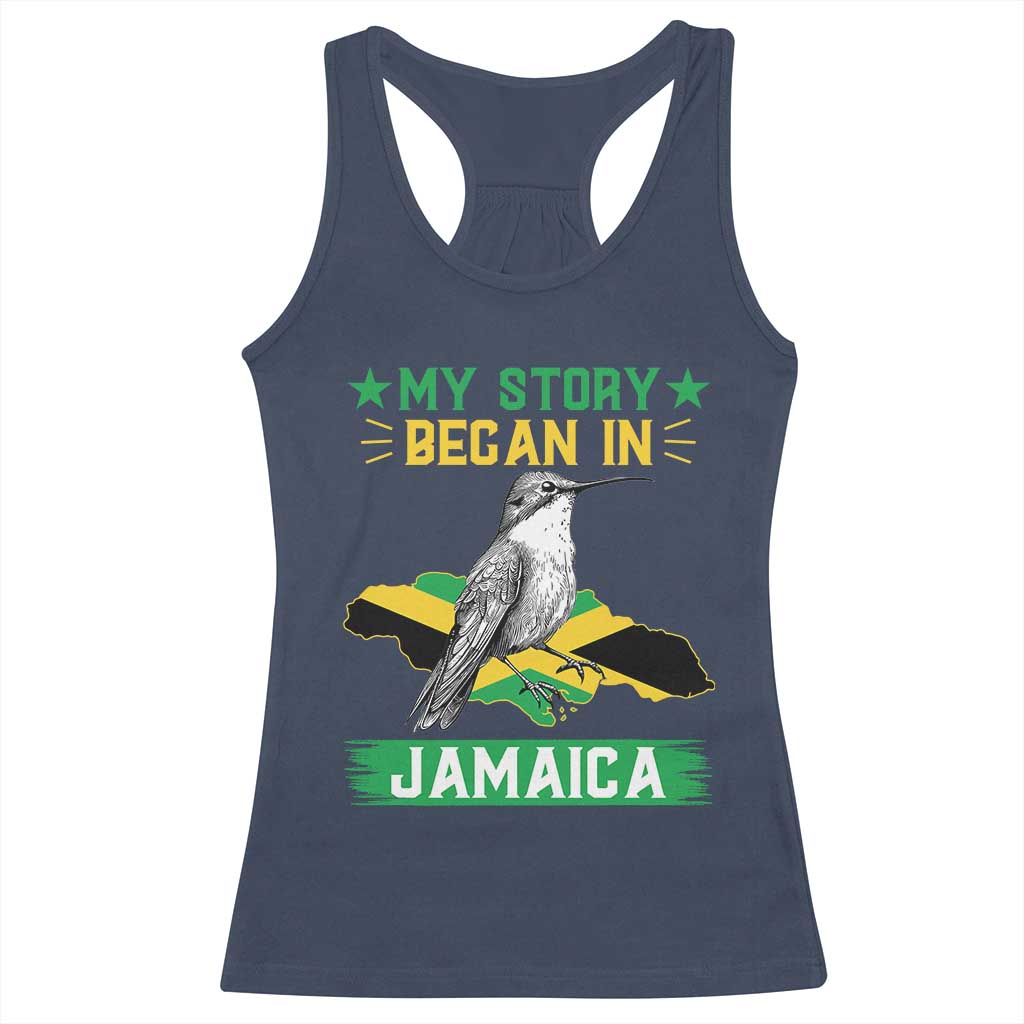 My Story Began In Jamaica Racerback Tank Top Hummingbird Jamaican Flag TS11 Navy Print Your Wear