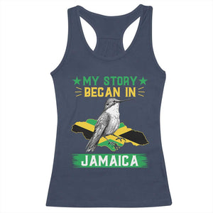 My Story Began In Jamaica Racerback Tank Top Hummingbird Jamaican Flag TS11 Navy Print Your Wear