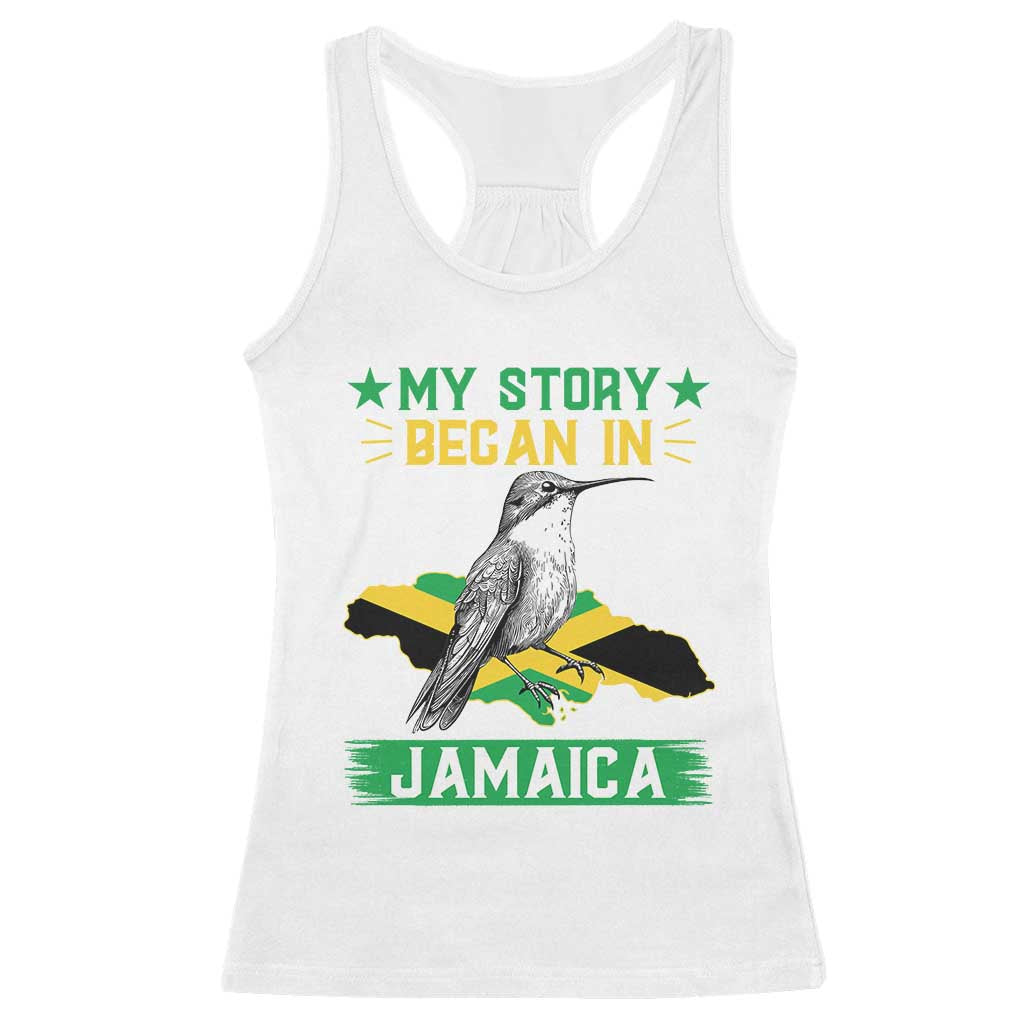 My Story Began In Jamaica Racerback Tank Top Hummingbird Jamaican Flag TS11 White Print Your Wear