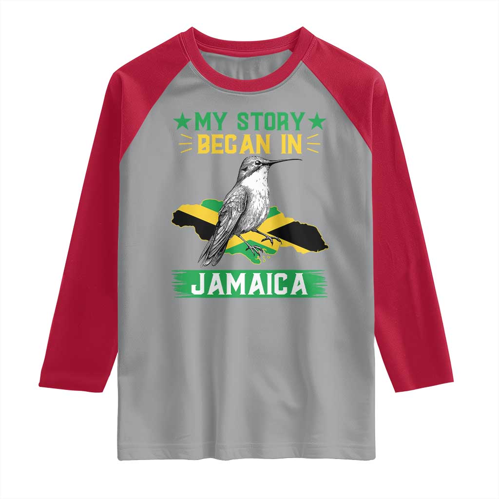 My Story Began In Jamaica Raglan Shirt Hummingbird Jamaican Flag TS11 Sport Gray Red Print Your Wear