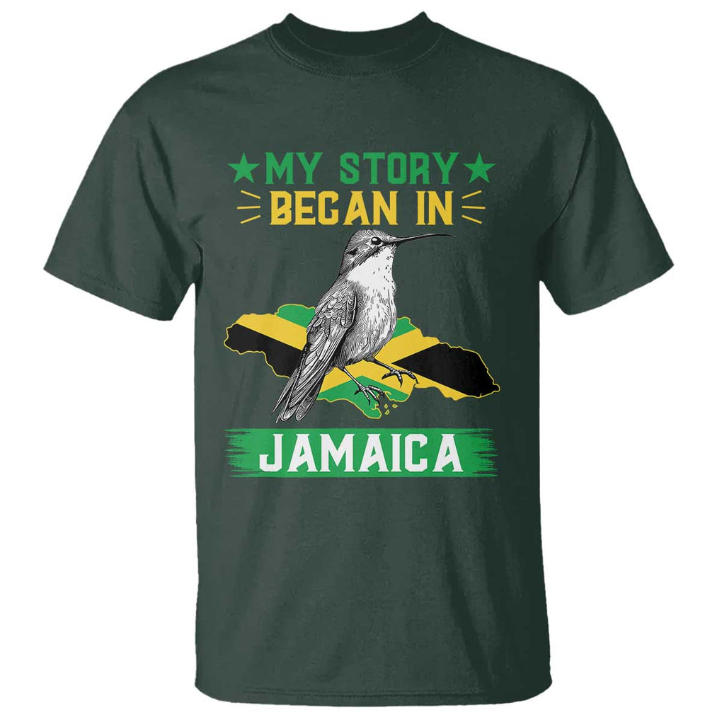 My Story Began In Jamaica T Shirt Hummingbird Jamaican Flag TS11 Dark Forest Green Print Your Wear