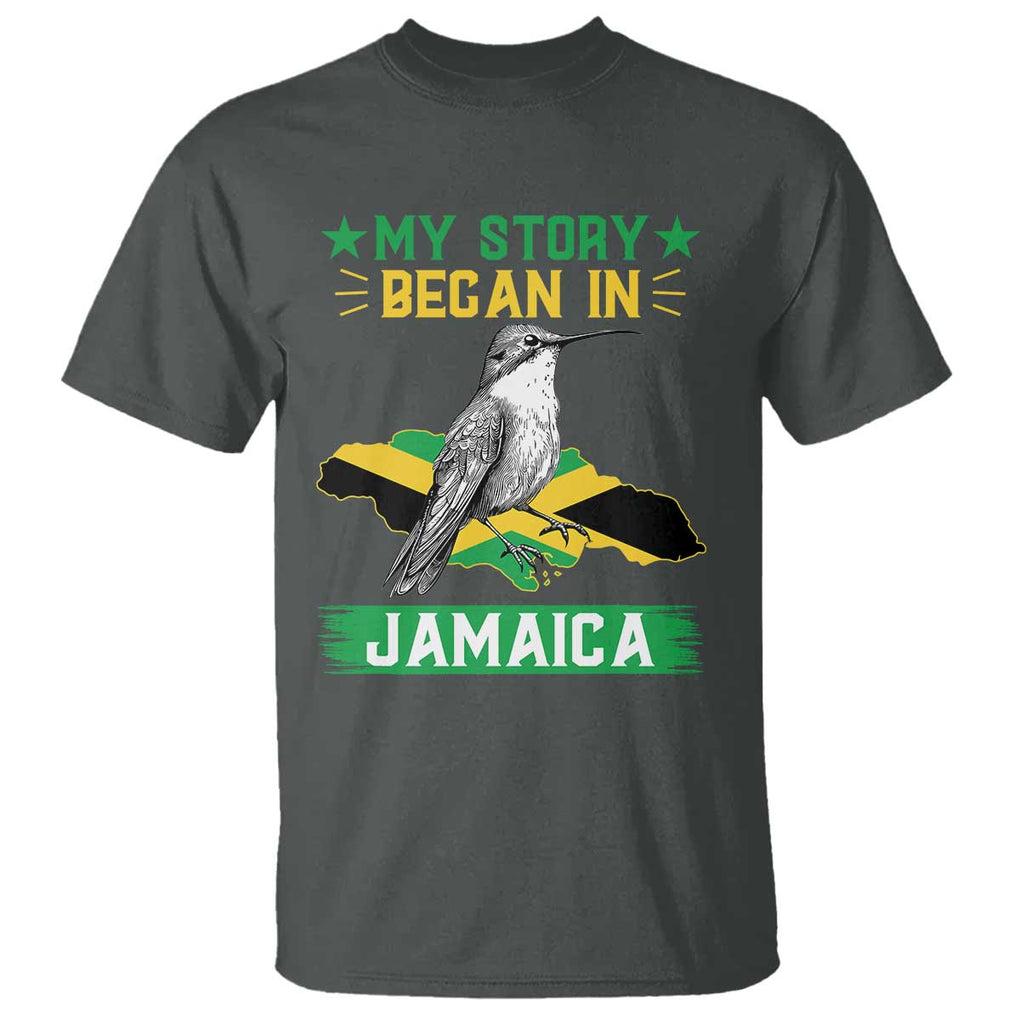 My Story Began In Jamaica T Shirt Hummingbird Jamaican Flag TS11 Dark Heather Print Your Wear