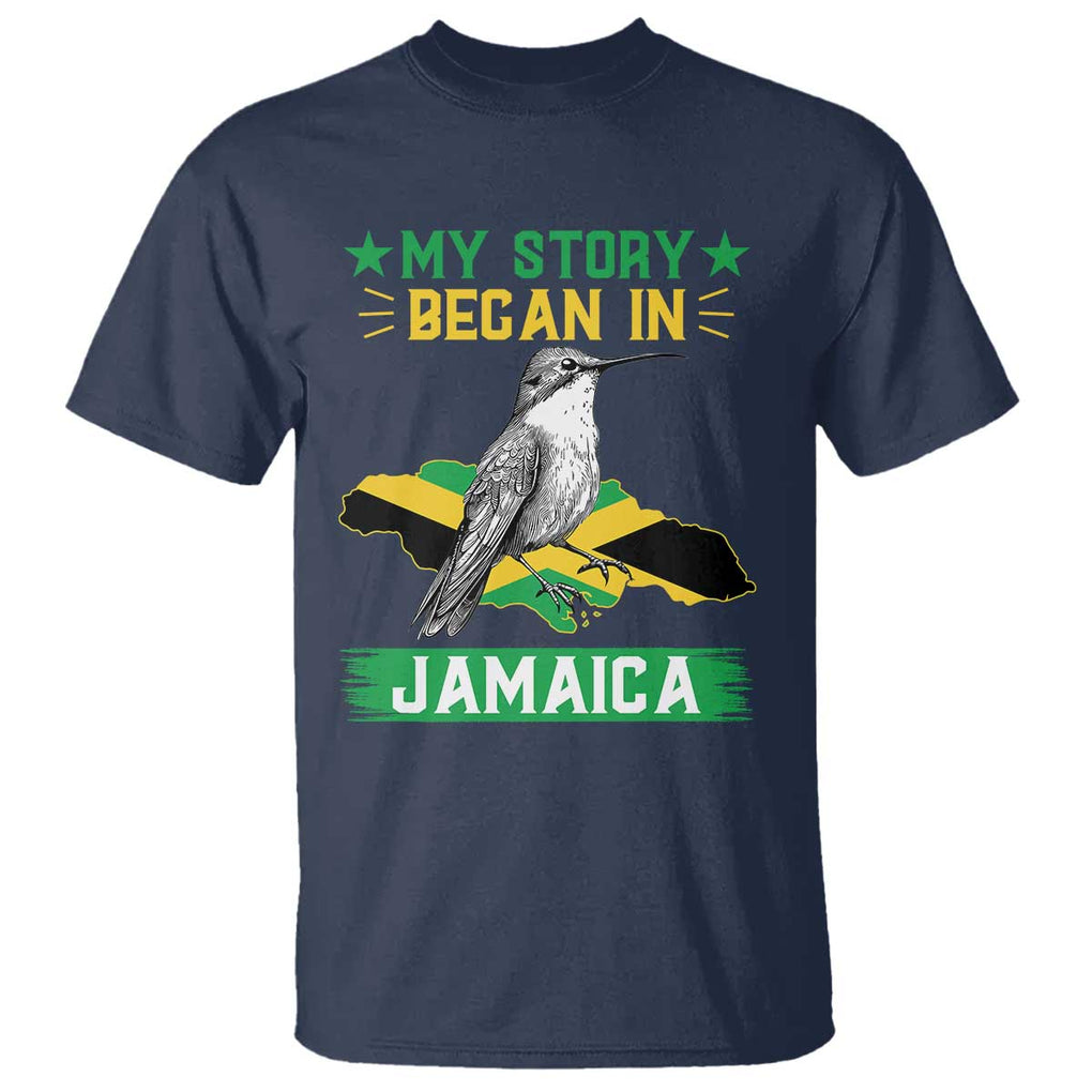 My Story Began In Jamaica T Shirt Hummingbird Jamaican Flag TS11 Navy Print Your Wear