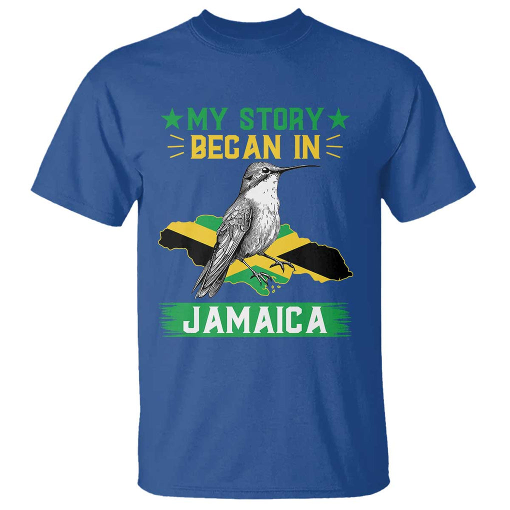 My Story Began In Jamaica T Shirt Hummingbird Jamaican Flag TS11 Royal Blue Print Your Wear