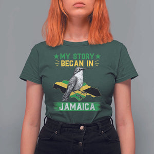 My Story Began In Jamaica T Shirt For Women Hummingbird Jamaican Flag TS11 Dark Forest Green Print Your Wear