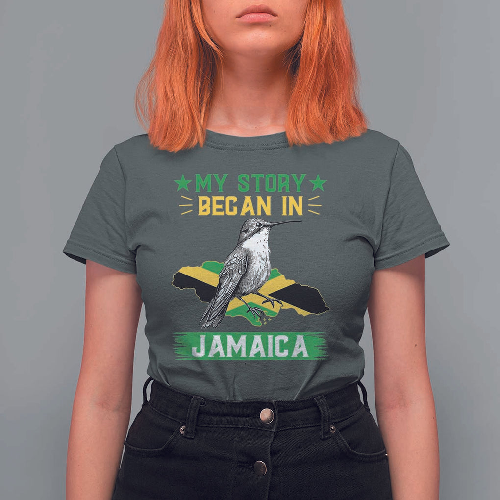 My Story Began In Jamaica T Shirt For Women Hummingbird Jamaican Flag TS11 Dark Heather Print Your Wear
