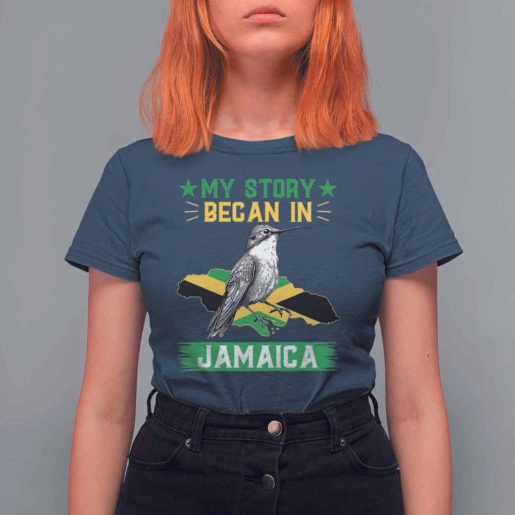 My Story Began In Jamaica T Shirt For Women Hummingbird Jamaican Flag TS11 Navy Print Your Wear