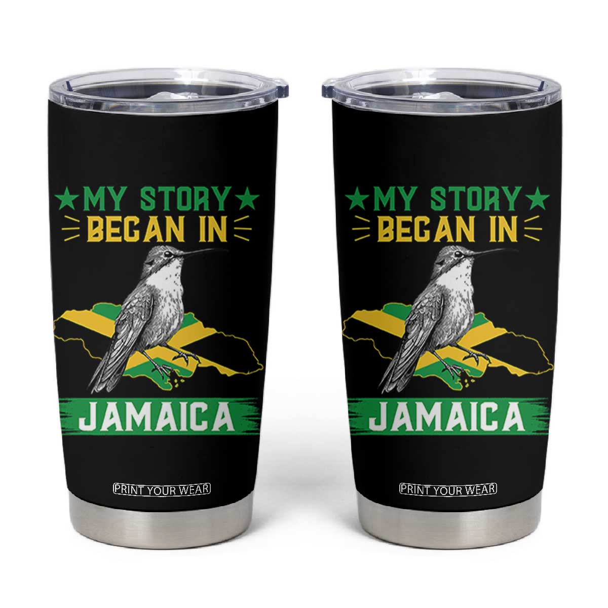 My Story Began In Jamaica Tumbler Cup Hummingbird Jamaican Flag TS11 Black Print Your Wear