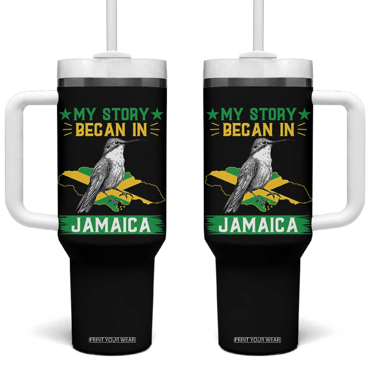 My Story Began In Jamaica Tumbler With Handle Hummingbird Jamaican Flag TS11 One Size: 40 oz Black Print Your Wear