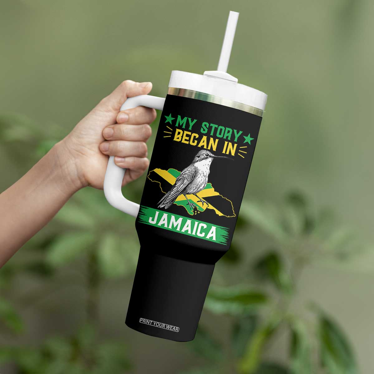 My Story Began In Jamaica Tumbler With Handle Hummingbird Jamaican Flag TS11 Print Your Wear
