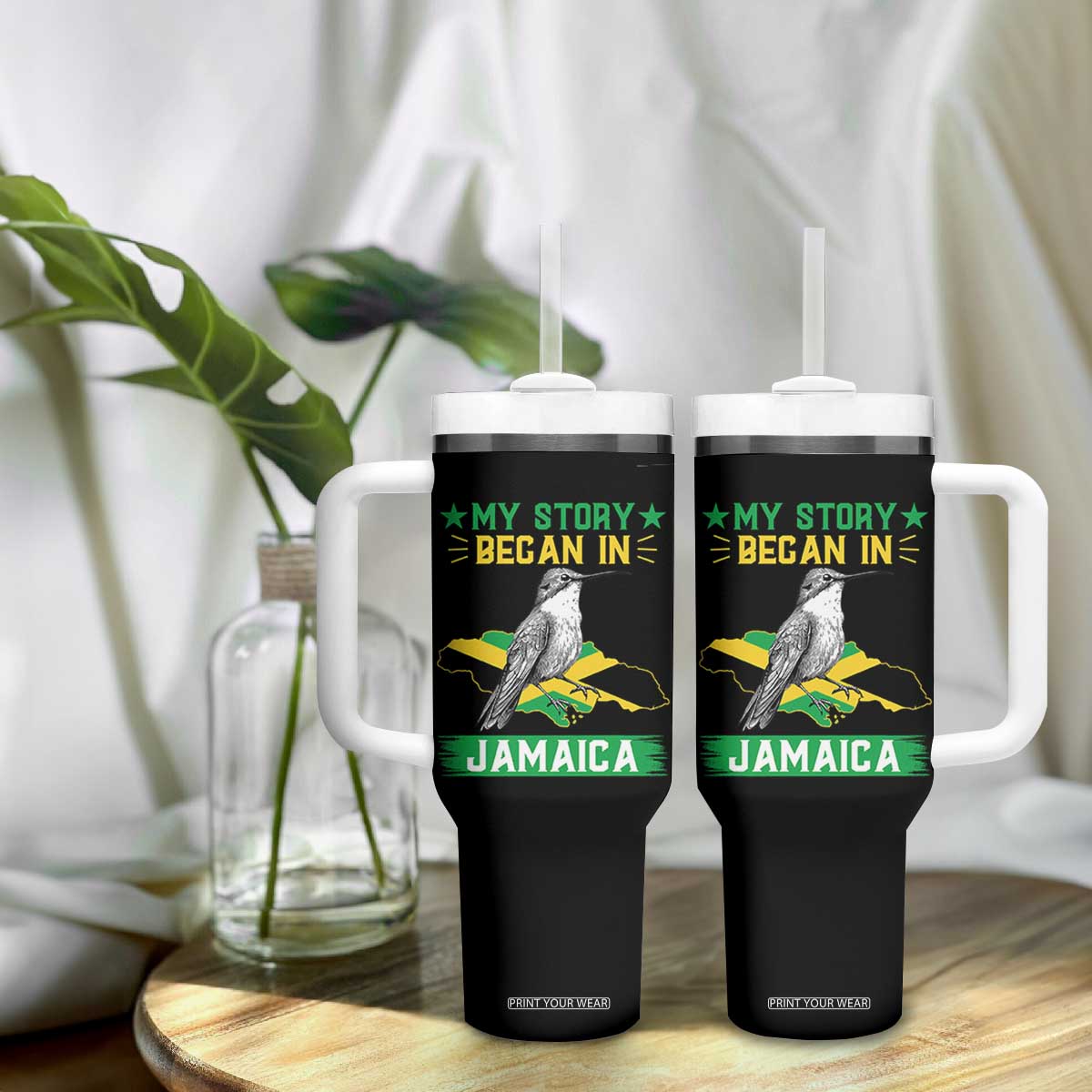 My Story Began In Jamaica Tumbler With Handle Hummingbird Jamaican Flag TS11 Print Your Wear