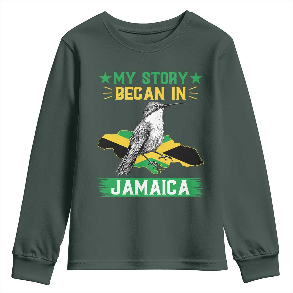 My Story Began In Jamaica Youth Sweatshirt Hummingbird Jamaican Flag TS11 Dark Forest Green Print Your Wear