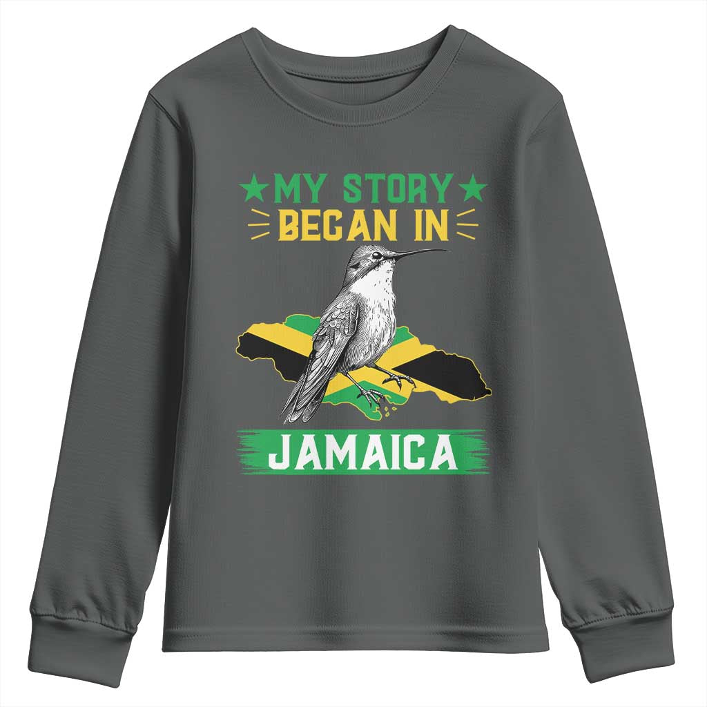 My Story Began In Jamaica Youth Sweatshirt Hummingbird Jamaican Flag TS11 Dark Heather Print Your Wear