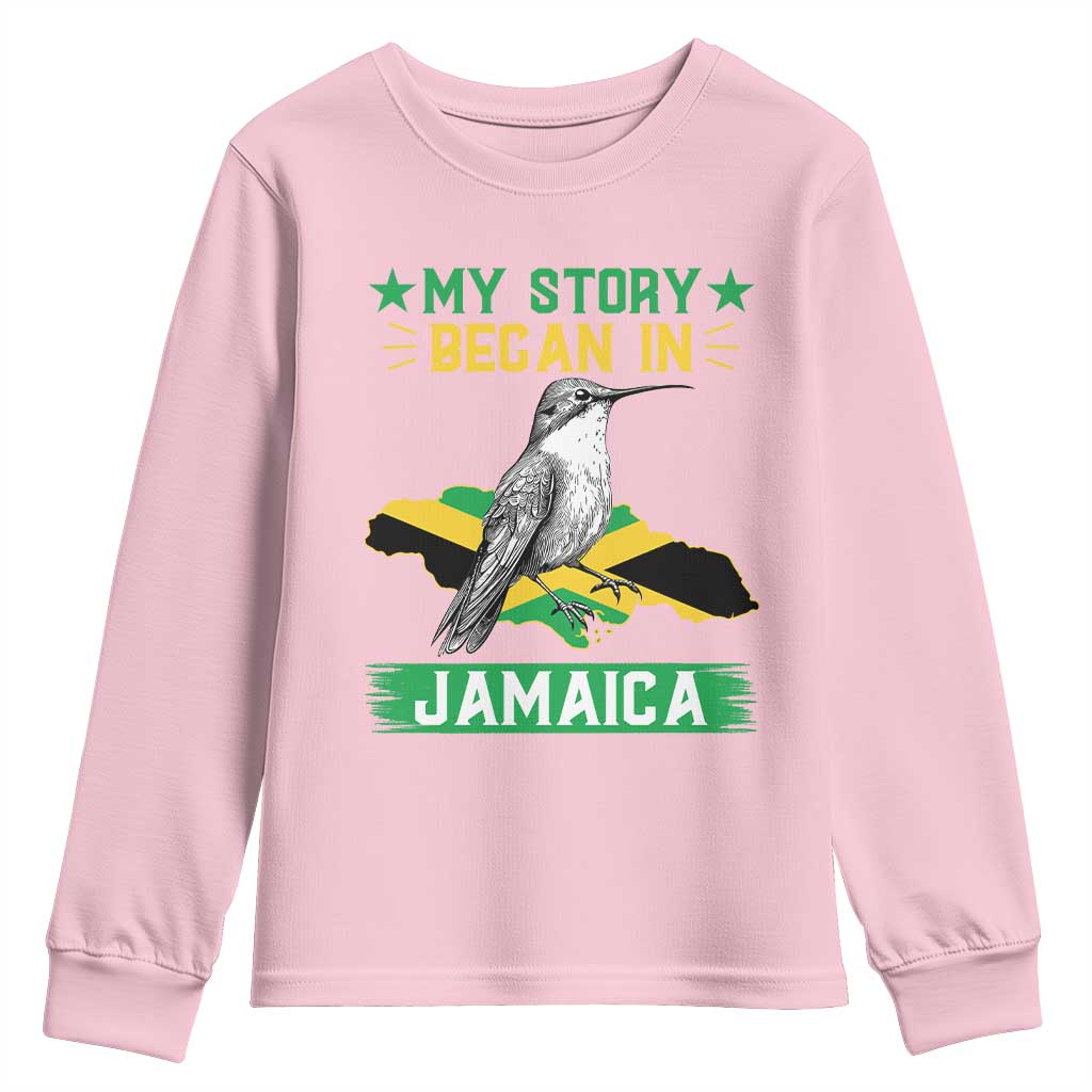 My Story Began In Jamaica Youth Sweatshirt Hummingbird Jamaican Flag TS11 Light Pink Print Your Wear