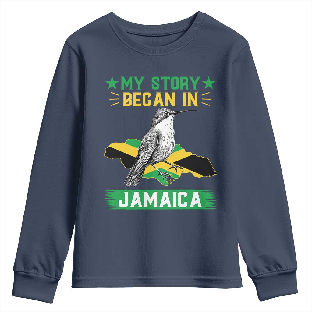 My Story Began In Jamaica Youth Sweatshirt Hummingbird Jamaican Flag TS11 Navy Print Your Wear