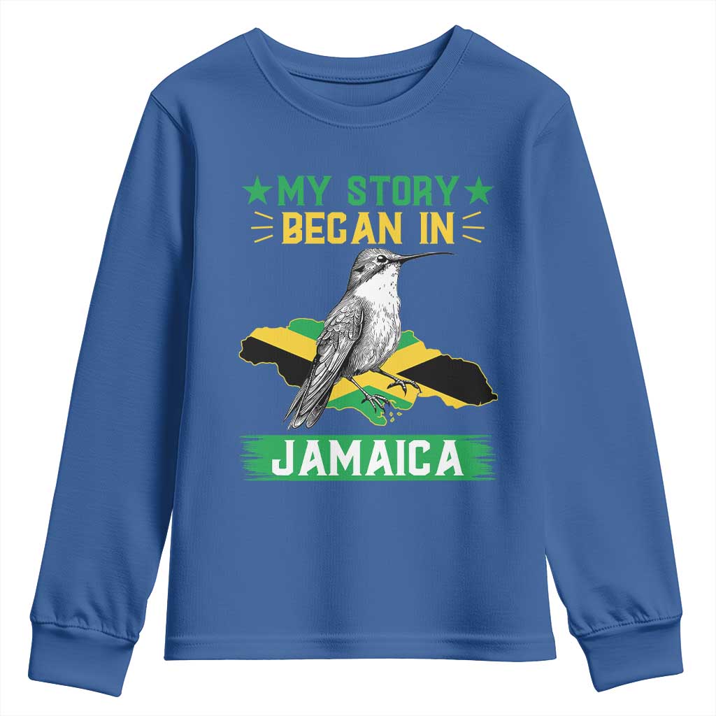My Story Began In Jamaica Youth Sweatshirt Hummingbird Jamaican Flag TS11 Royal Blue Print Your Wear