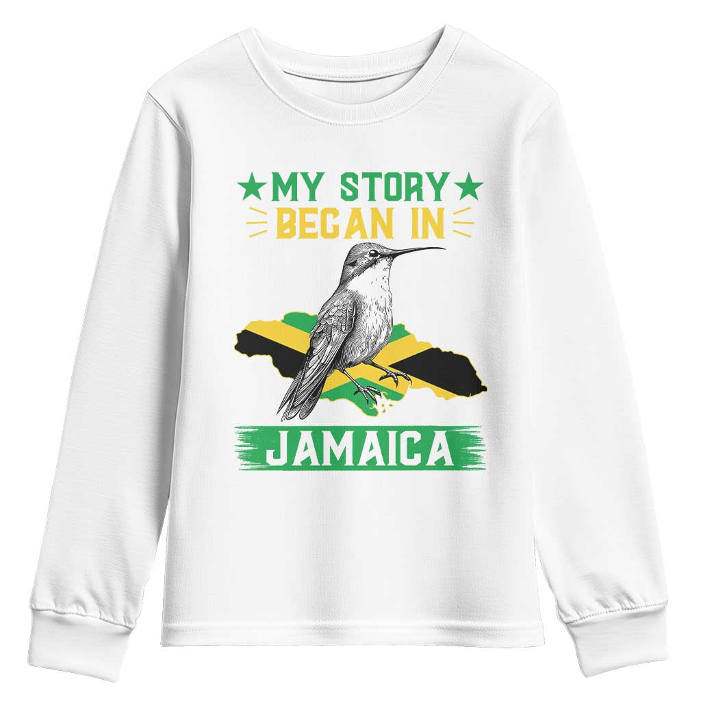My Story Began In Jamaica Youth Sweatshirt Hummingbird Jamaican Flag TS11 White Print Your Wear